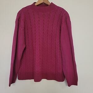 Cascade Classics Cable Knit Sweater Magenta L Mock Neck Vintage Academia 80's